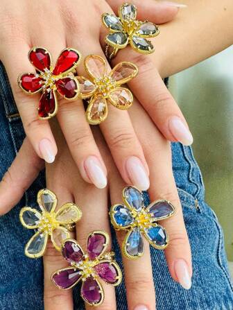 1pc Fashion Luxury Crystal Flower Exaggerated Open Ring For Women, Wedding, Party, Holiday, Insta Worthy Valentines,Mom,Mother,Mother's Day,Gift