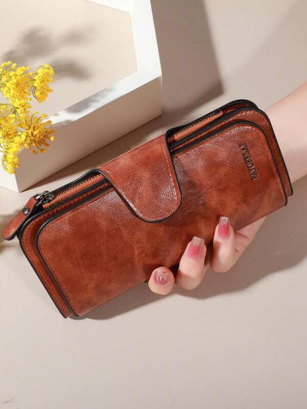 New Style Long Wallet Women Leather Clutch Purse Minimalist Oil Wax Solid Color Birthday