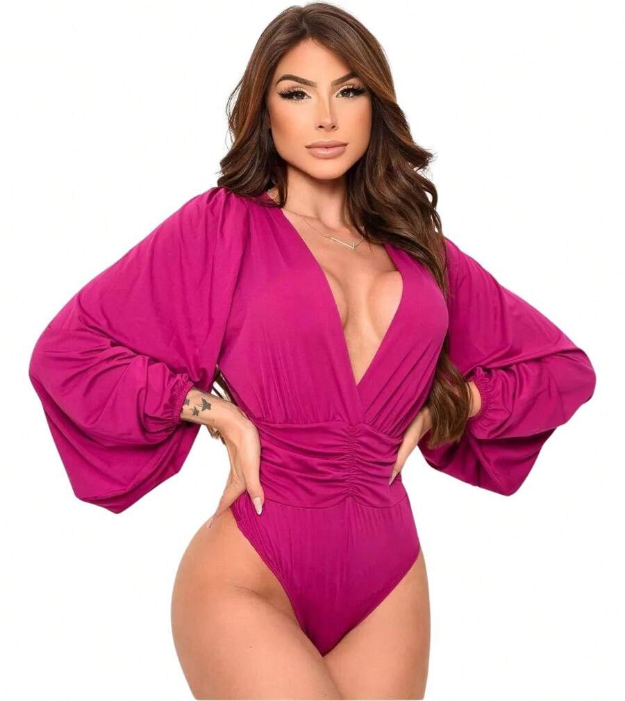 Women's Bodysuit - Long Puff Sleeve - Bodie Moda Princesa - Màu Hoa hồng đỏ - Xem 1