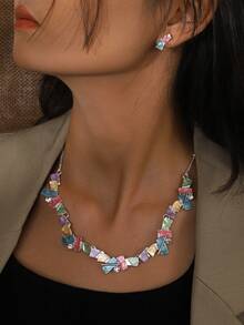 1 套 2 件时尚优雅复古简约创意彩色珐琅几何锌合金水晶首饰套装，适合女性日常佩戴、度假、派对、约会、礼物 - 幾何 - 查看 8