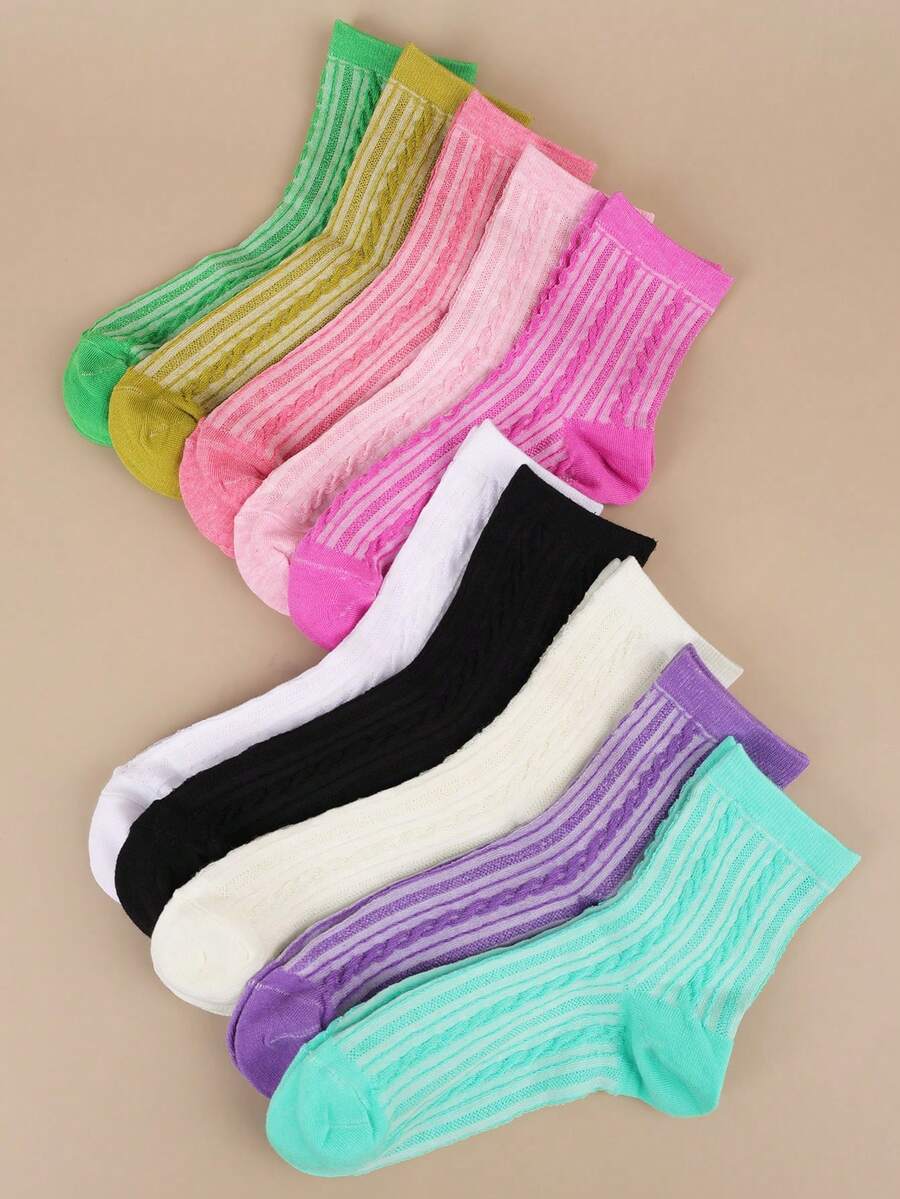 10 双女士袜子休闲纯色中筒袜，时尚可爱中筒袜，适合所有季节 - 彩色 - 查看 1