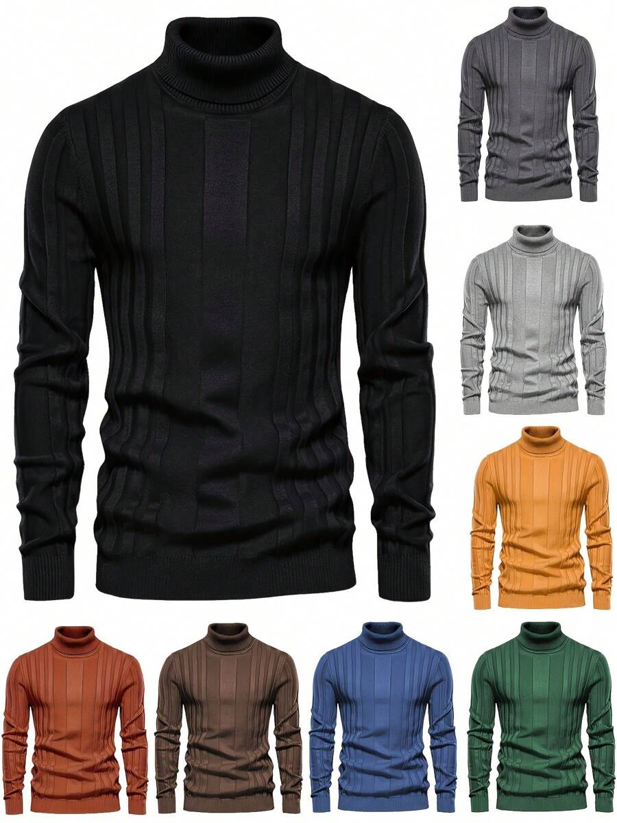 Men's Brown Turtleneck Sweater, Ribbed Knit Pullover For Men, Long Sleeve Knit Sweater With Vertical Stripes, Slim Fit Men's Sweater, Stylish And Comfortable Turtleneck Knit Sweater, Men's Soft Knit Sweater For Fall And Winter, Warm And Breathable Turtleneck Sweater For Men, High-Quality Ribbed Knit Sweater, Classic Men's Turtleneck Pullover, Lightweight Knit Sweater For Casual And Business Wear, Elegant Men's Turtleneck Knit Shirt, Comfortable Men's Ribbed Sweater For Layering, Slim Fit Long Sleeve Knit Sweater For Men, Fashionable Turtleneck Sweater For Men's Wardrobe, Versatile Knit Sweater For Office, Weekend, And Daily Wear, Men's Warm Knit Sweater For Autumn And Winter, Soft And Cozy Men's Ribbed Sweater Turtleneck Knitting Sweater, Men's Leisure Warm Solid Color High Elastic Pullover Sweater Autumn And Winter - 黑色 - 查看 1