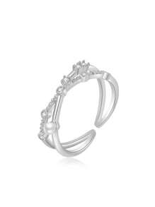 Set de 3 anillos abiertos ajustables con diseño de corona cruzada, de aleación de cobre y circonita cúbica y perla falsa, adecuados para uso diario de mujeres - Amarillo Oro - Ver 8