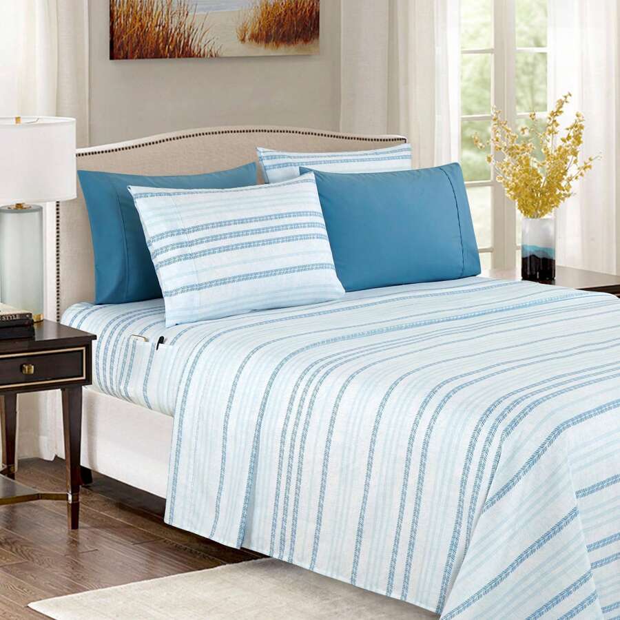 Mocassi 6-Piece Floral And Stripe Pattern Sheet Set - Soft As A Hotel Premium Quality Bedding - Traci Aqua - View 1