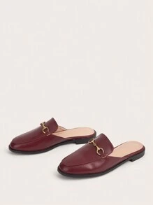 2025 Autumn Women Brown Classic Flat Mule Slides With Metal Buckle - Burgundy - View 4
