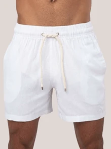 Men's Premium Linen Bermuda Shorts, Casual Basic, With Drawstring And Pockets - 白色 - 查看 2