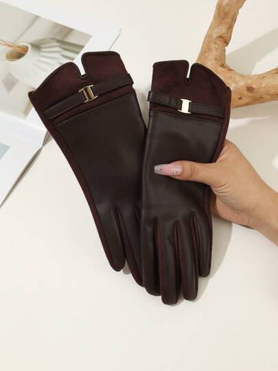 1pair Elegant Solid Color Casual PU Rivet Studded Women Gloves, Mature For Outdoor Sports & Leisure, Autumn/Winter
