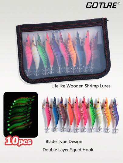 GOTURE 10 Peças Iscas De Camarão De Madeira Luminosas Com Ganchos De Jig Para Lula De Camada Dupla, Pérola Anel De Alarme Brilhante No Escuro, Saco De Isca Portátil Para Água Salgada E Água Doce