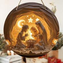 1件装圣诞场景基督教木质20*20厘米圆形悬挂花环装饰，可用于门饰、墙饰、派对装饰、生日礼物、感恩节礼物、基督教装饰、悬挂式生日家居装饰、圣诞节装饰、房间装饰、冬季圣诞装饰 - 彩色 - 查看 6