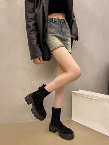 Chunky Sole Elevated French Elegant Flat Low Heel Ankle Boots For Women,Round Toe With Back Zipper, Thick Block Heel Waterproof Platform, Skinny Style, Fashionable Black Heeled Boots - Black - View 2