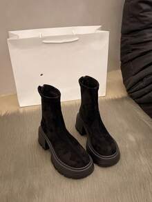 Chunky Sole Elevated French Elegant Flat Low Heel Ankle Boots For Women,Round Toe With Back Zipper, Thick Block Heel Waterproof Platform, Skinny Style, Fashionable Black Heeled Boots - Black - View 3