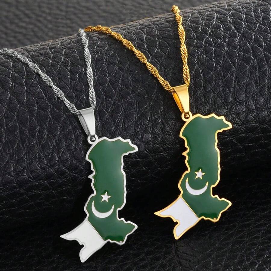 1pc Pakistan Map Flag Pendant Necklaces Stainless Steel Pakistani Jewelry - Multicolor - View 1