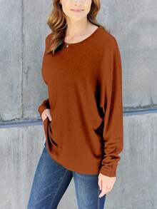 Women's Casual Tee Solid Color Top Green Cotton Blend, Long Sleeve Pullover Relaxed Fit Crew Neck Hip Length Solid Color Pattern Fall/Winter Soft Texture Everyday Wear - bí ngô - Xem 3