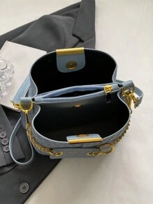 1 peça Bolsa de Ombro Feminina Fashion (22cm x 22cm x 12cm) com Decoração de Hardware, Alça de Ombro Ajustável Adequada para Trabalho, Compras e Encontros. Bolsa de balde elegante e simples com decorações em relevo. Pode guardar telefone celular, carteira, cosméticos etc. Presente perfeito para o Dia dos Pais, amigos ou feriados e Natal. Pode ser usada como bolsa de couro, mochila escolar, bolsa de ombro diagonal, bolsa de peito, bolsa meia-lua, chaveiro de anime, bolsa de câmera, bolsa de esportes e bolsa de carregamento. - Preto - Ver 9