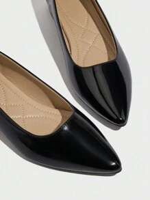 Black Patent Leather Low Heel Pumps, Casual Office Pointed Toe Soft Bottom Comfortable Non-Slip Work Shoes For Women Valentines