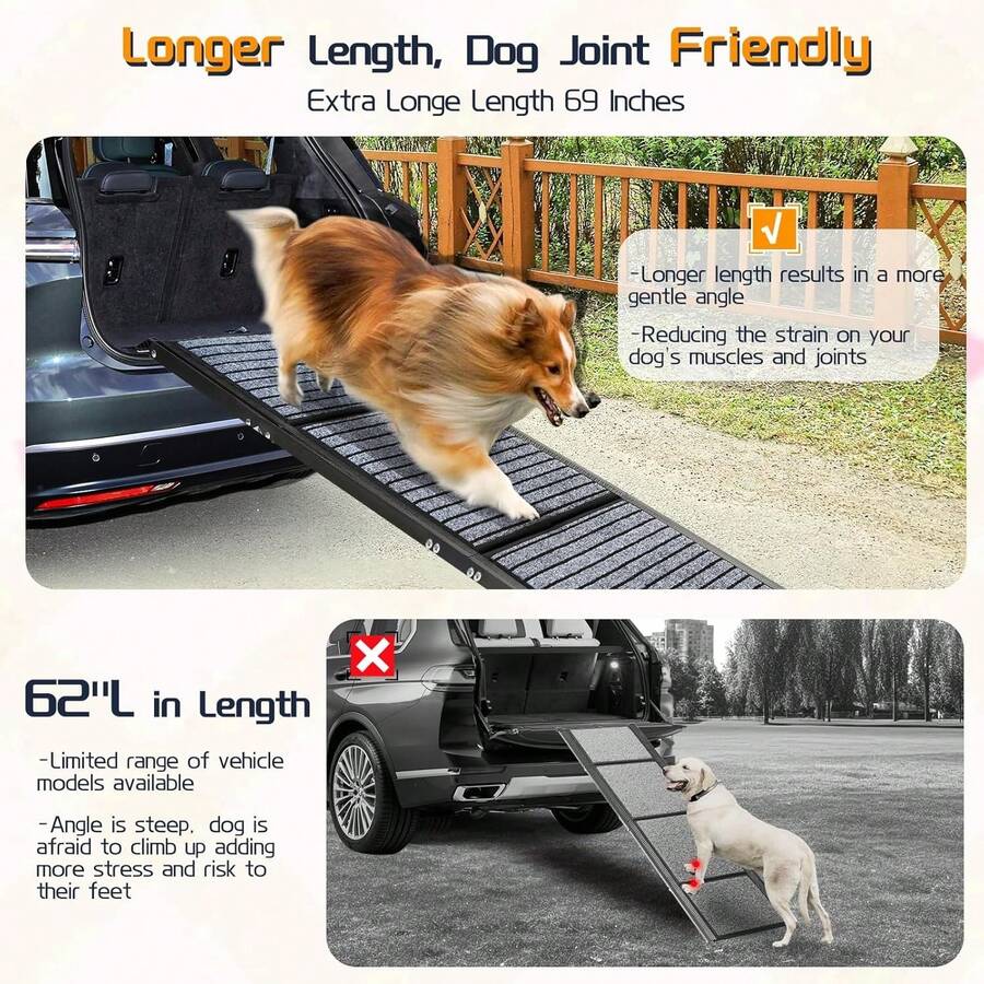 Long Dog Car Ramps, Folding Pet Ramp With NonSlip Carpet Surface, Pet
