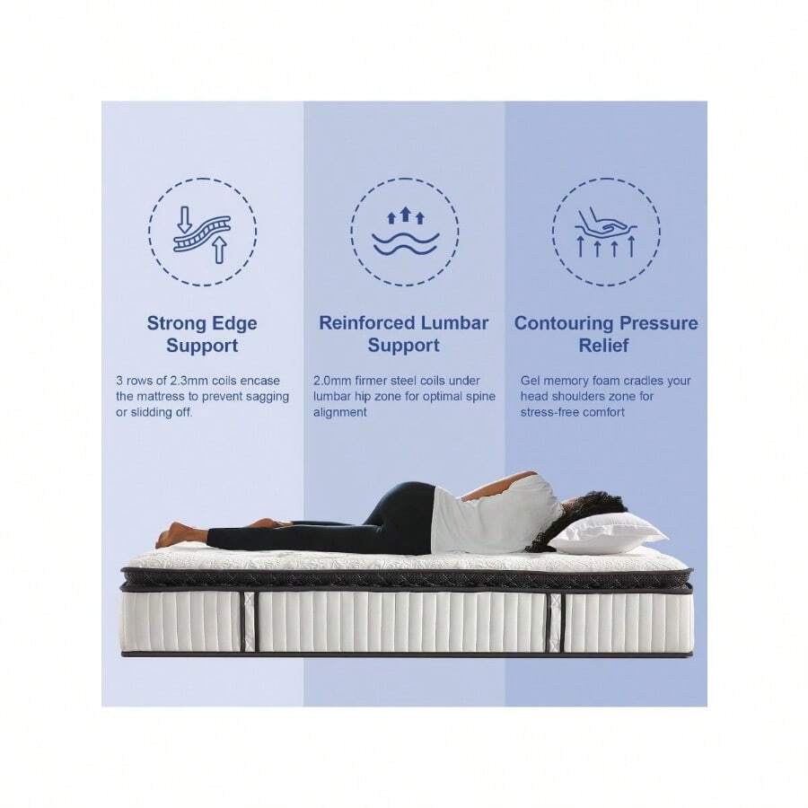 Mattress 12 Inch, Pillow Top Cold Gel Memory Foam Hybrid Mattress With