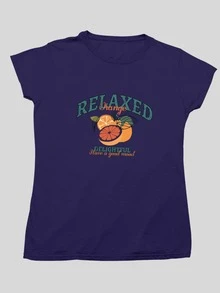 Women's T-Shirt Basic T-Shirt Relaxed Orange Print 100% Cotton Casual - Navy Blue - View 2