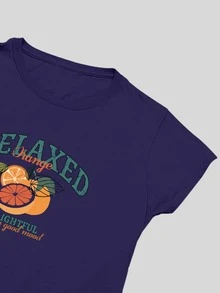 Women's T-Shirt Basic T-Shirt Relaxed Orange Print 100% Cotton Casual - Navy Blue - View 3
