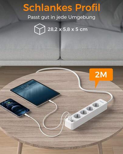  Listwa zasilająca TESSAN 4-kierunkowa z USB, 3 gniazda USB z włącznikiem, przedłużacz 7 w 1 2m, gniazdo dystrybucyjne 3600W, listwa zasilająca z USB, gniazdo wielowtykowe z USB