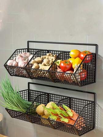 1pcWall Mounted Kitchen Storage Basket - Versatile Hanging Organizer Rack For Vegetables, Garlic, Onions - Durable Metal Shelf Bin - Ideal For Small Kitchen And Bathroom Storage Without Battery, Made Of Other Materials