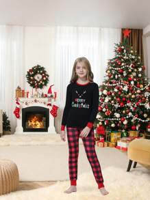 2 Peças Conjunto de Pijama Confortável para Combinação Familiar da Menina Pré-adolescente no Natal, Top de Manga Longa com Estampa Xadrez de Veado Divertido e Calça, Roupa de Descanso Aconchegante da Família para Férias