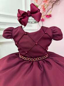 Marsala Children's Dress Graduation Wedding Bridesmaid Flower Girl Flower Girl Bride Princess Pearls Party Social Youth Girl Christmas - Gỗ đỏ - Xem 2