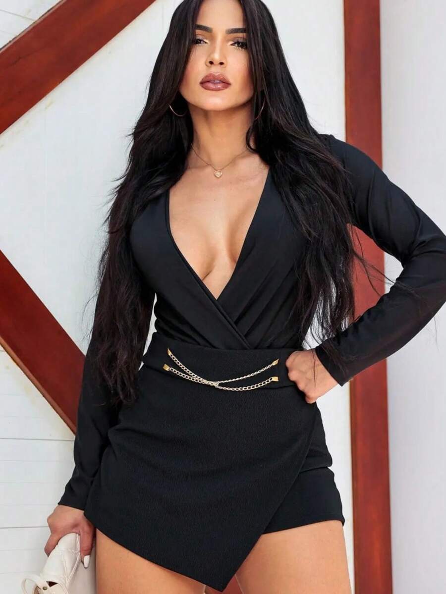 Women's Short Skirt With Elegant Chain Irregular New Fashion - màu đen - Xem 1