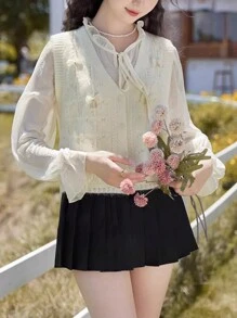 女士休闲 V 领蝴蝶结装饰毛衣背心，春秋季 - 米色 - 查看 3