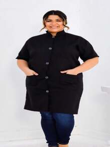 Sleeveless Lab Coat With Oxford Collar And 3 Pockets - Black - View 3