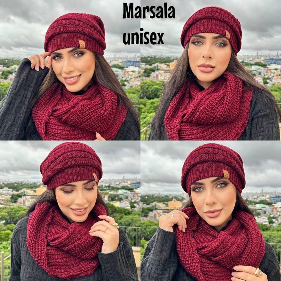 Unisex Knit Infinity Beanie And Scarf Set Soft Wool Winter Fashion - Burgundy - View 1