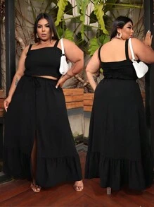 Women's Plus Size Set Long Slit Skirt Three Marias Cropped Strappy Blouse 48 50 52 54 - 黑色 - 查看 1