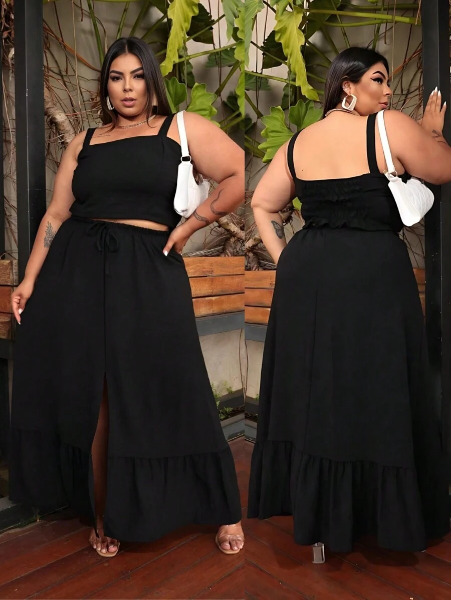 Women's Plus Size Set Long Slit Skirt Three Marias Cropped Strappy Blouse 48 50 52 54 - 黑色 - 查看 1