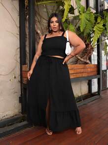 Women's Plus Size Set Long Slit Skirt Three Marias Cropped Strappy Blouse 48 50 52 54 - 黑色 - 查看 7