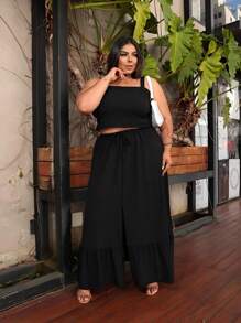 Women's Plus Size Set Long Slit Skirt Three Marias Cropped Strappy Blouse 48 50 52 54 - 黑色 - 查看 5