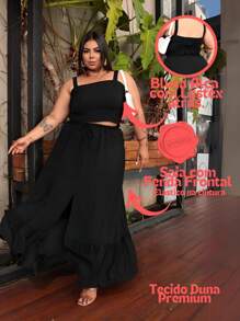 Women's Plus Size Set Long Slit Skirt Three Marias Cropped Strappy Blouse 48 50 52 54 - 黑色 - 查看 3