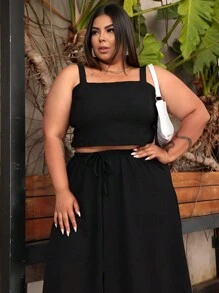 Women's Plus Size Set Long Slit Skirt Three Marias Cropped Strappy Blouse 48 50 52 54 - 黑色 - 查看 2