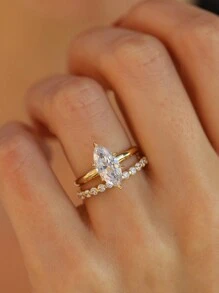 1枚优雅奢华的925纯银六爪马眼形切割女士戒指，珠宝礼品，生日礼物，派对礼物 - 金色 - 查看 3