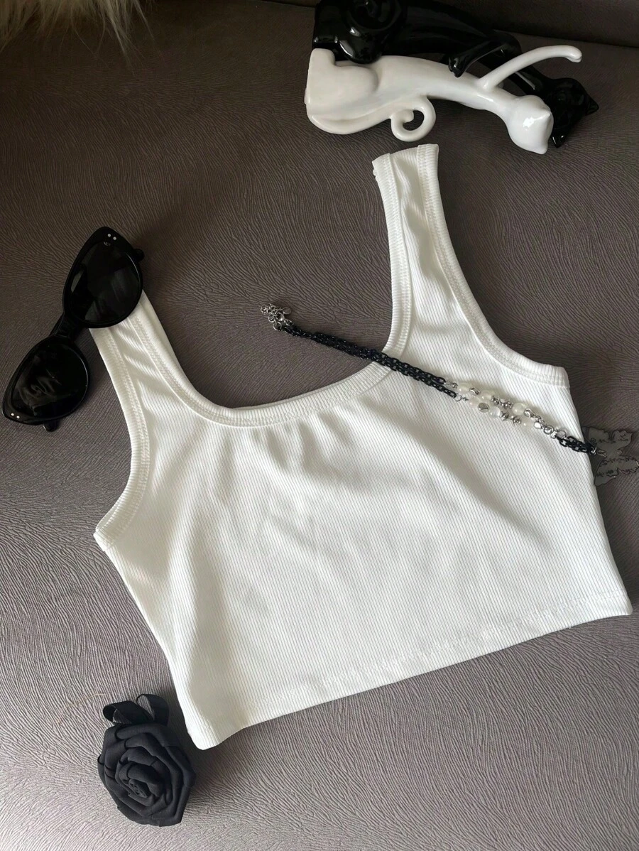 Women's Blouse TOP Cropped Simple Basic Tank Top Tank Top Solid Ribbed Knit - White - View 1