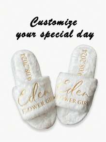 Personalised Custom Letters Pattern Logo Wedding Bride Slippers Fluffy Home Slippers Festival Hen Party Bridesmaid Gift - White - View 2