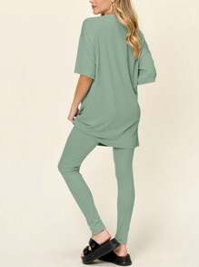 Women's Casual Two-Piece Set Solid Color Oversized Crew Neck Tunic Top And Leggings Set Black Half Sleeves Pullover Relaxed Fit Round Neck Hip-Length Solid Color Spring/Summer Minimalist Everyday Wear - 淺綠色 - 查看 3