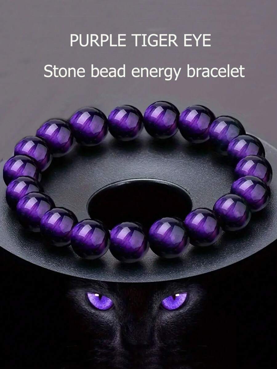 YAUKIA 1 件紫虎眼串珠手链天然石圆珠瑜伽能量手链财富繁荣魅力手链时尚休闲配饰礼物 - 紫色 - 查看 1