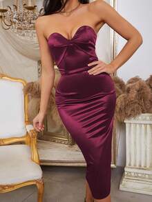 复古性感露背扭纹露背修身女式连衣裙 - 酒紅色 - 查看 8