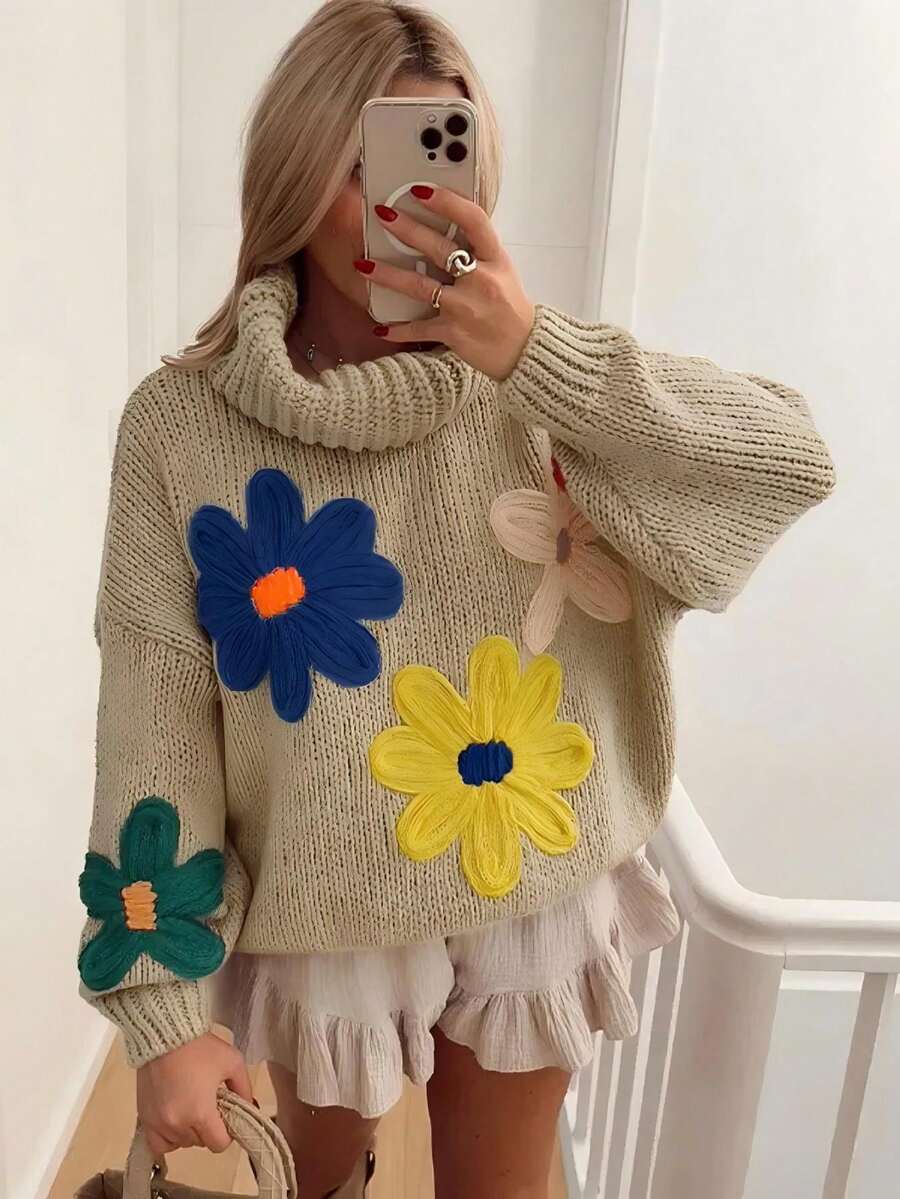 Women's Fashionable Y2K 3D Floral High Neck Loose Pullover Sweater, Suitable For Daily Wear, Commuting, Parties, Dates, Home, Halloween, Thanksgiving, Christmas - Multicolor - View 1