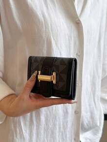 1 件女式三折短款钱包带翻盖和纽扣多个卡槽千鸟格图案风格零钱包复古生日 - 黑色 - 查看 6