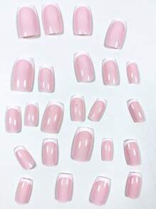 24Pcs Minimalist Cute Blush Pink Short Square White-Rimmed French Style Press-On Nail Tips, Nail Sticker Set Suitable For Daily, Date, Afternoon Tea, Outing Press On Nails Nail Supplies Nails
