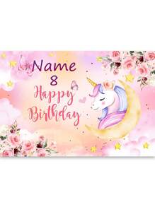 1pc Customized Rainbow Unicorn Happy Birthday Party Decoration Watercolor Floral Glitter Stars Photography Backdrop, Customizable Name And Age