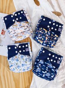 4 Packs Reusable Cloth Diapers Gray Mesh Inner One Size Adjustable Washable Pocket Nappy Covers For Baby Baby Shower Family Decorations Gifts - Multicolor - View 3