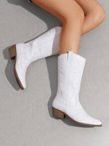 BURUDANI Women's Classic Western Cowboy Boots Slip-On Pointed Toe Embroidery Matching Dress Music Festival Party Farm Mid-Calf White Boots - 白色 - 查看 9