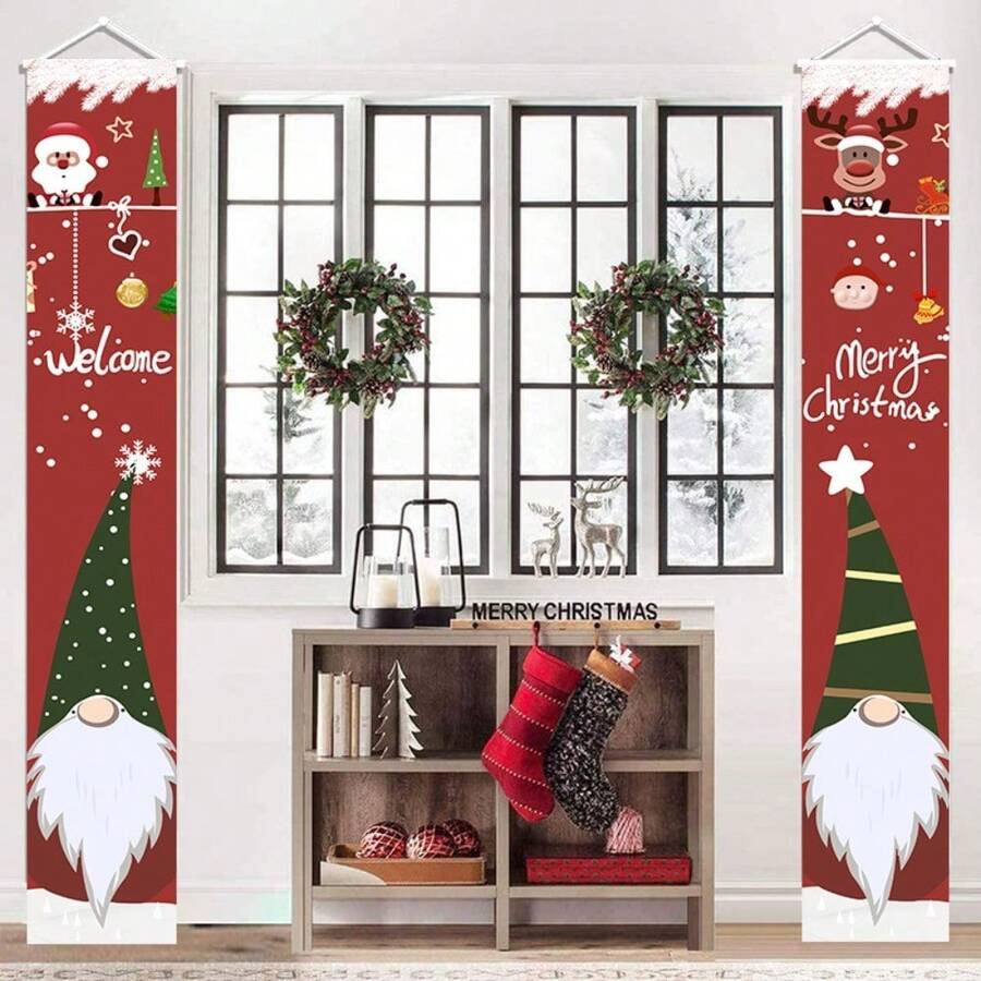 2 件圣诞对联布对联门帘，可爱小矮人设计“圣诞快乐”横条，适用于门廊、庭院和客厅节日户外装饰，耐用聚酯纤维派对用品，万圣节，万圣节装饰 - 彩色 - 查看 1